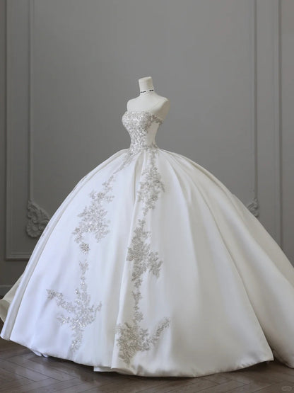 Elegant White Beaded Strapless Satin Floor-Length Wedding Dress P2512