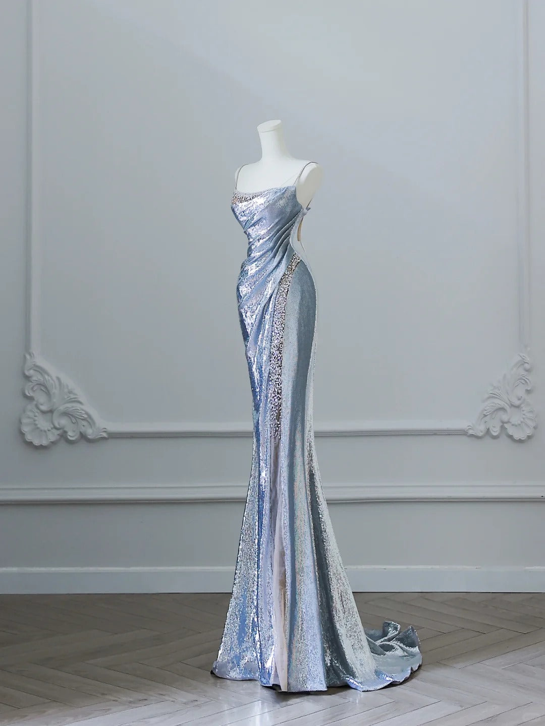 Silver Strap Sequin Mermaid Floor Length Wedding Dress P2514
