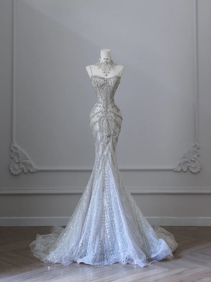 Shiny White Strapless Mermaid Luxury Wedding Dress P2520