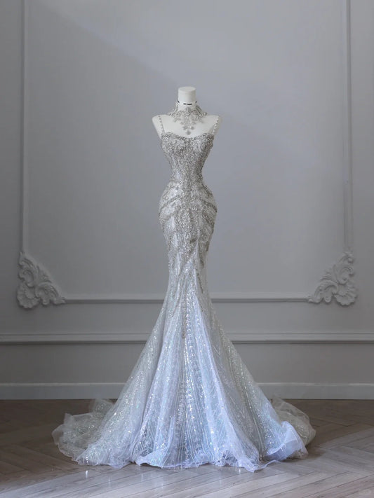 Shiny White Strapless Mermaid Luxury Wedding Dress P2520