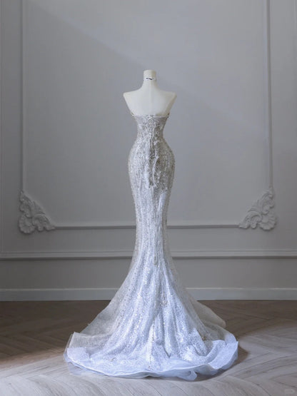 Shiny White Strapless Mermaid Luxury Wedding Dress P2520