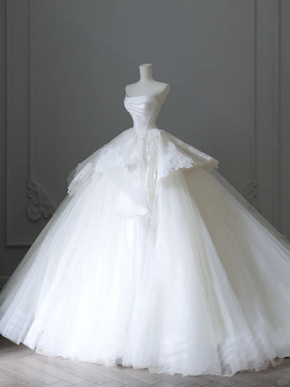 Elegant white off-shoulder lace tulle simple floor-length wedding dress P2523