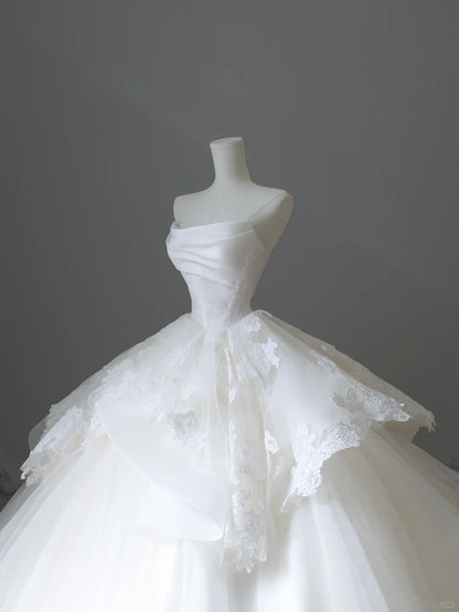 Elegant white off-shoulder lace tulle simple floor-length wedding dress P2523