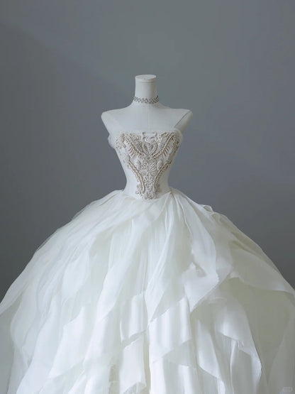 Flowing White Tulle A-Line Floor-Length Wedding Dress P2526