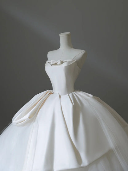 Girly Playful Bow A-line Tulle Satin Floor-length Wedding Dress P2534