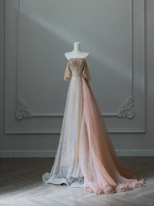 Elegant Champagne Tassel One Shoulder Beaded Prom Dress P2539