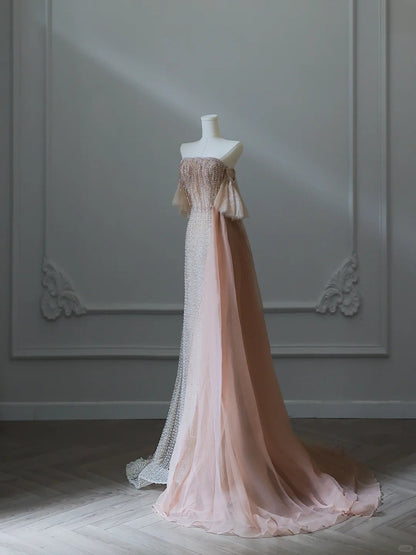 Elegant Champagne Tassel One Shoulder Beaded Prom Dress P2539