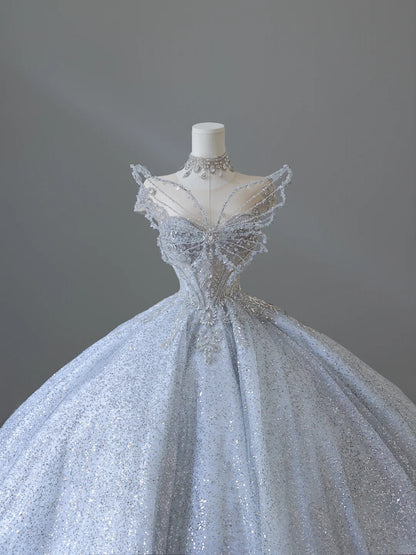 Dreamy Ice Crystal Blue Shiny Bowknot Floor-Length Wedding Dress P2545