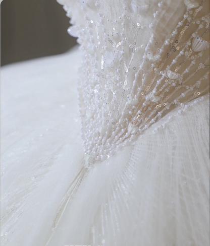 Elegant White Off-the-shoulder Beaded Tulle A-line Floor-length Wedding Dress P2596