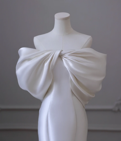 Simple White Off-the-shoulder Bow Satin Mermaid Wedding Dress P2606