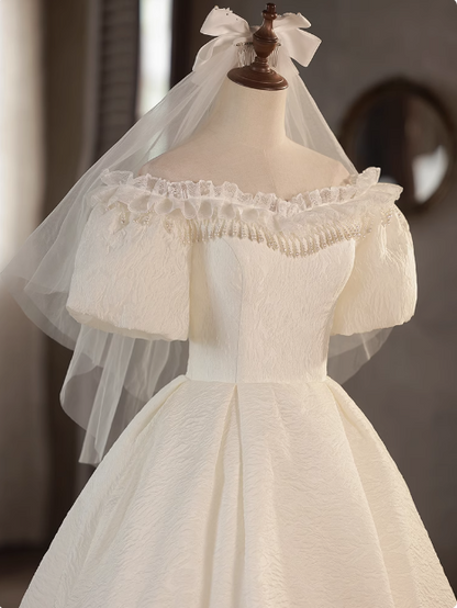Vintage One Shoulder Lace Trim Short Sleeve A-Line Back Tie Wedding Dress P2620