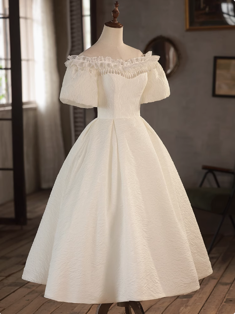 Vintage One Shoulder Lace Trim Short Sleeve A-Line Back Tie Wedding Dress P2620
