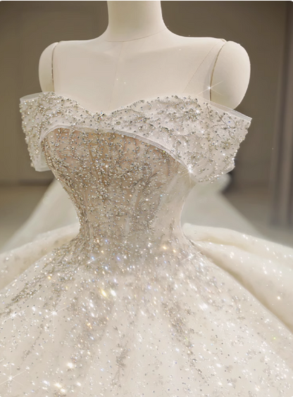 Princess Sparkling Off-shoulder Rhinestone A-line Tulle Wedding Dress P2644