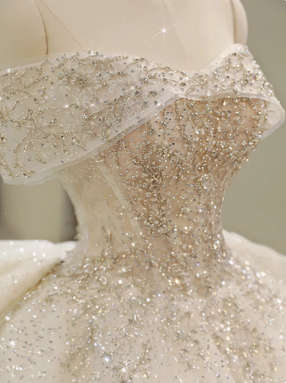 Princess Sparkling Off-shoulder Rhinestone A-line Tulle Wedding Dress P2644