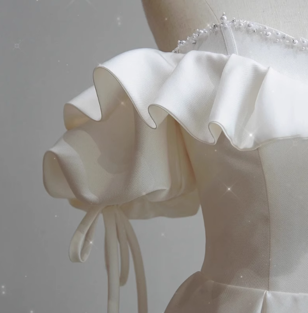 Simple satin off-shoulder A-line floor-length wedding dress P2652