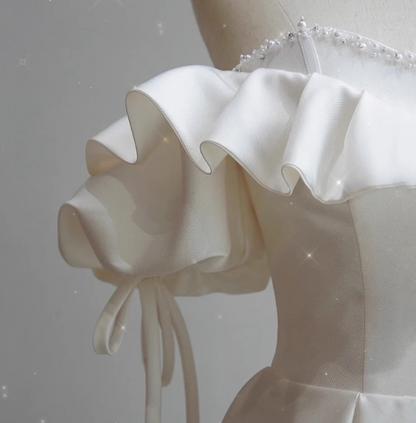 Simple satin off-shoulder A-line floor-length wedding dress P2652