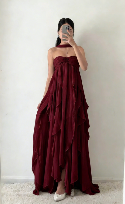 Simple Strapless White Chiffon Prom Dress Sleeveless Evening Dresses P267