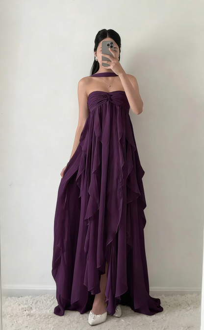 Simple Strapless White Chiffon Prom Dress Sleeveless Evening Dresses P267