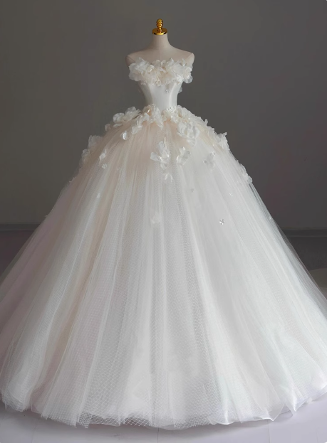 Elegant tube top flower princess tulle white floor-length wedding dress P2673