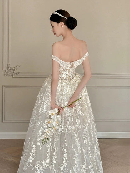 French one-shoulder white lace floor-length wedding dress P2674