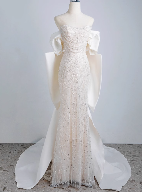 Shimmering Mermaid Beaded Off-the-Shoulder Bow Princess Wedding Gown P2696