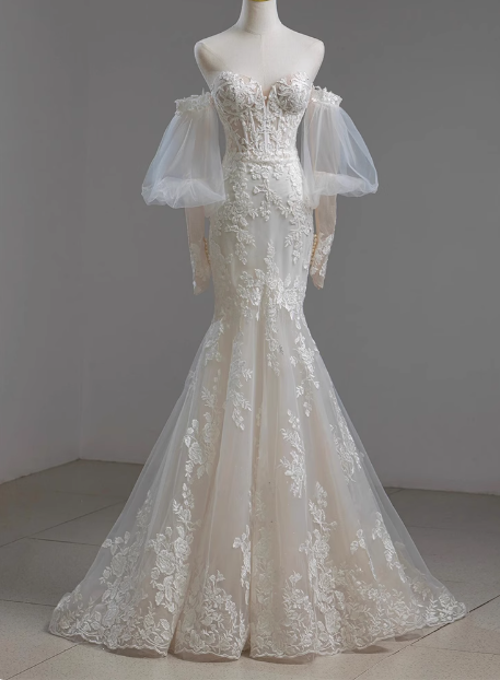 French Lace Strapless Off-shoulder Waisted Fishtail Tulle Wedding Dress with Small Train P2725