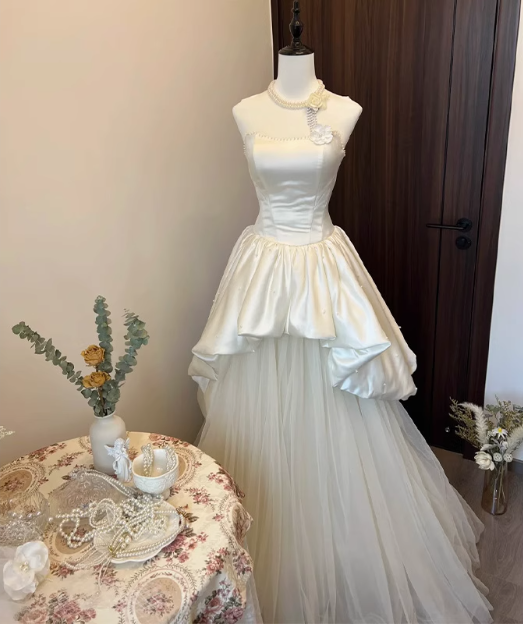 French Strapless Satin Tulle A-Line Wedding Dress with Tie-Back P2732