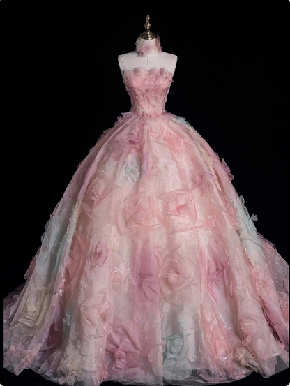Princess Pink Strapless Floral Tulle Floor-Length Wedding Dress P2753