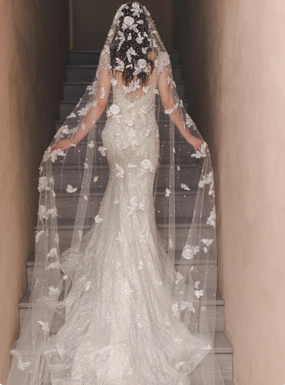 Shiny white mermaid wedding dress with short train P2757
