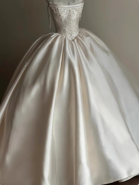 French Retro Satin Strapless Ball Gown Long Wedding Dress P2758