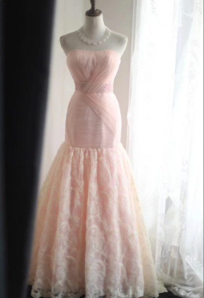 Elegant Slim-Fit Fishtail Pink Satin Mesh Floral Strapless Wedding Dress P2835