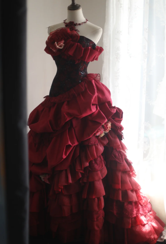 Retro red skirt puffy pleated handmade flower princess wedding dress P2838