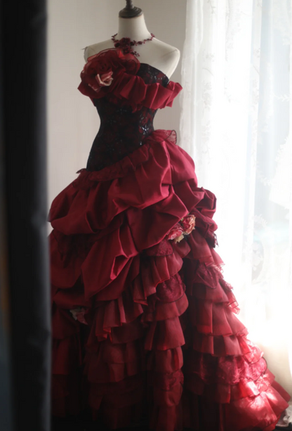 Retro red skirt puffy pleated handmade flower princess wedding dress P2838