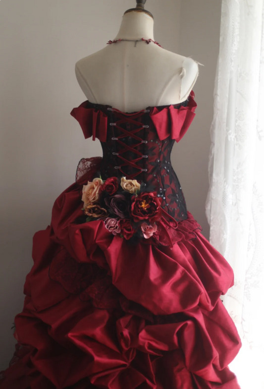 Retro red skirt puffy pleated handmade flower princess wedding dress P2838