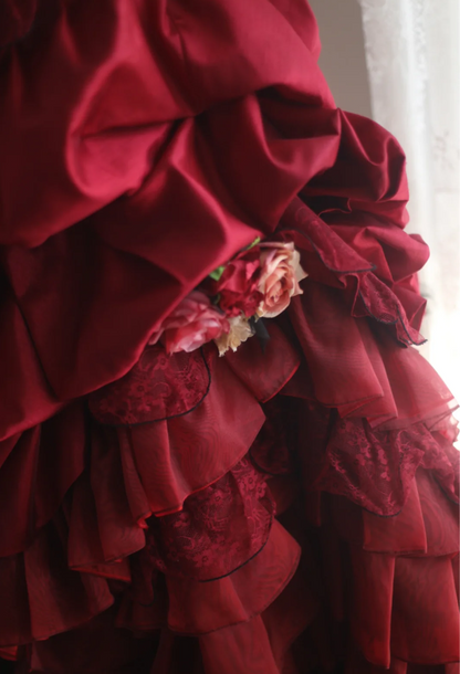 Retro red skirt puffy pleated handmade flower princess wedding dress P2838