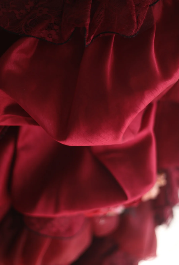 Retro red skirt puffy pleated handmade flower princess wedding dress P2838