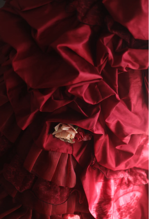 Retro red skirt puffy pleated handmade flower princess wedding dress P2838