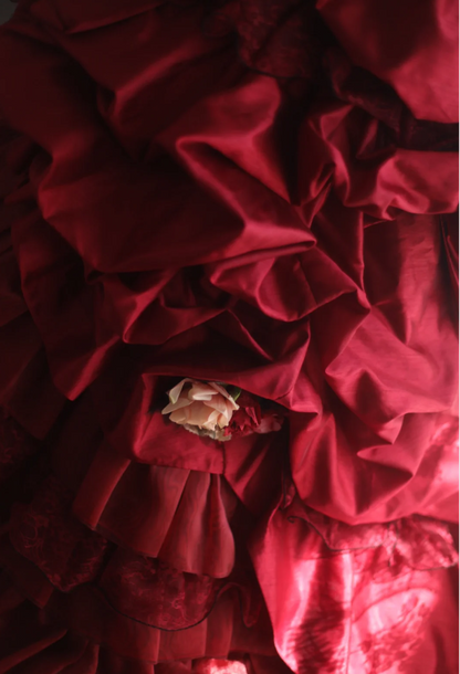 Retro red skirt puffy pleated handmade flower princess wedding dress P2838