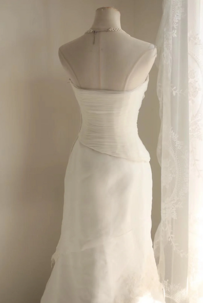 Elegant and simple white strapless lace tulle mermaid wedding dress P2847