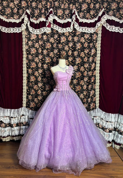One-shoulder purple diamond striped three-dimensional flower back strap wedding dress P3013