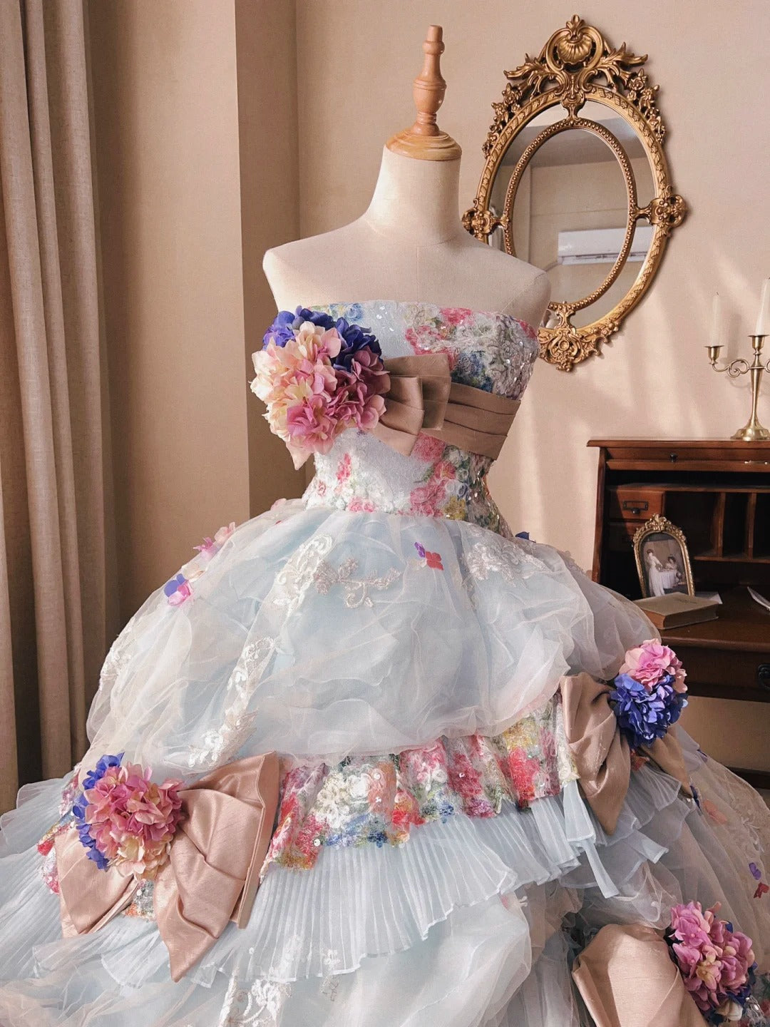 Dreamy light blue tube top 3D flower handmade beaded sequined trailing wedding dress P3067