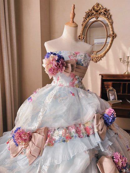 Dreamy light blue tube top 3D flower handmade beaded sequined trailing wedding dress P3067