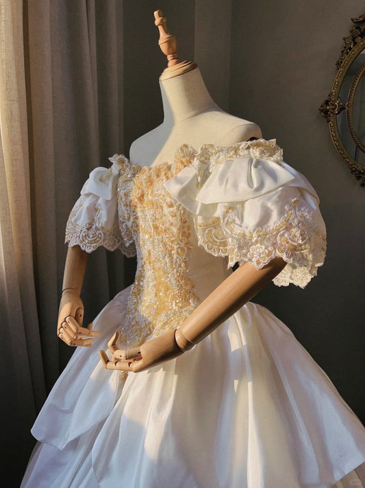 Princess White Satin Drop Shoulder Beaded Petal Skirt Floor-Length Wedding Dress P3069