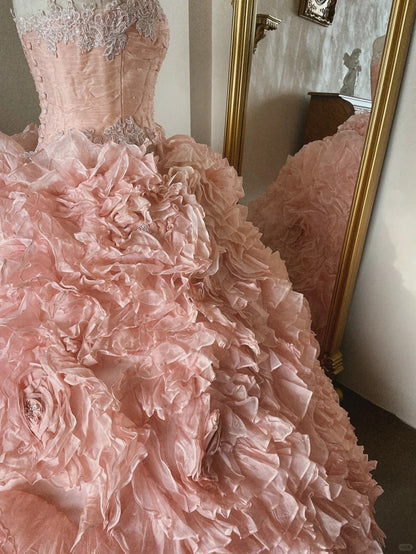 French romantic rose tulle flower tube top fluffy princess floor-length wedding dress P3071