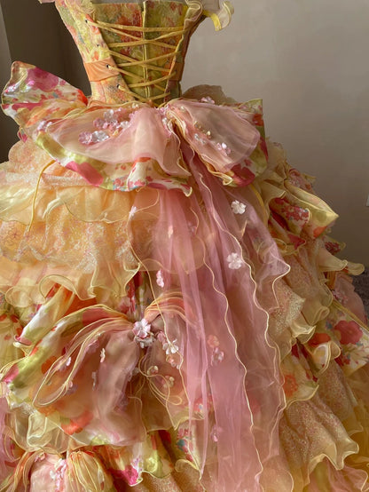 Shining heavy flower layer cake golden pattern lace three-dimensional flower wood ear tulle wedding dress P3073