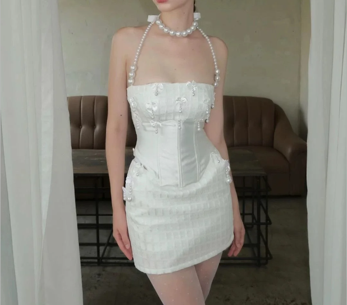 Heavy Industry Bow Pearl Fishbone Halter Neck White Birthday Party Homecoming Dress P3122