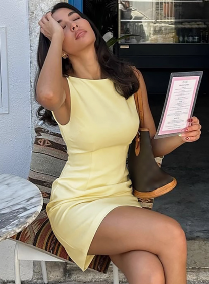 Simple sleeveless A-line dress goose yellow waist birthday party dress homecoming dress P3211