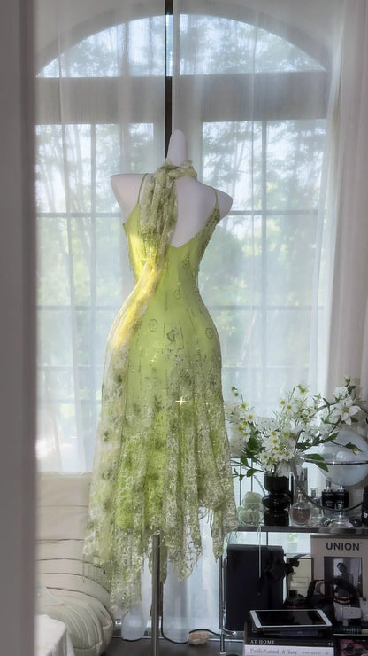 Shiny Green Beaded Straps Chiffon Irregular Skirt Prom Dress P3259