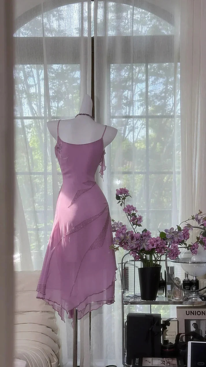 Gorgeous Rose Pink Applique Spaghetti Strap Chiffon Prom Dress Evening Dress TP4303