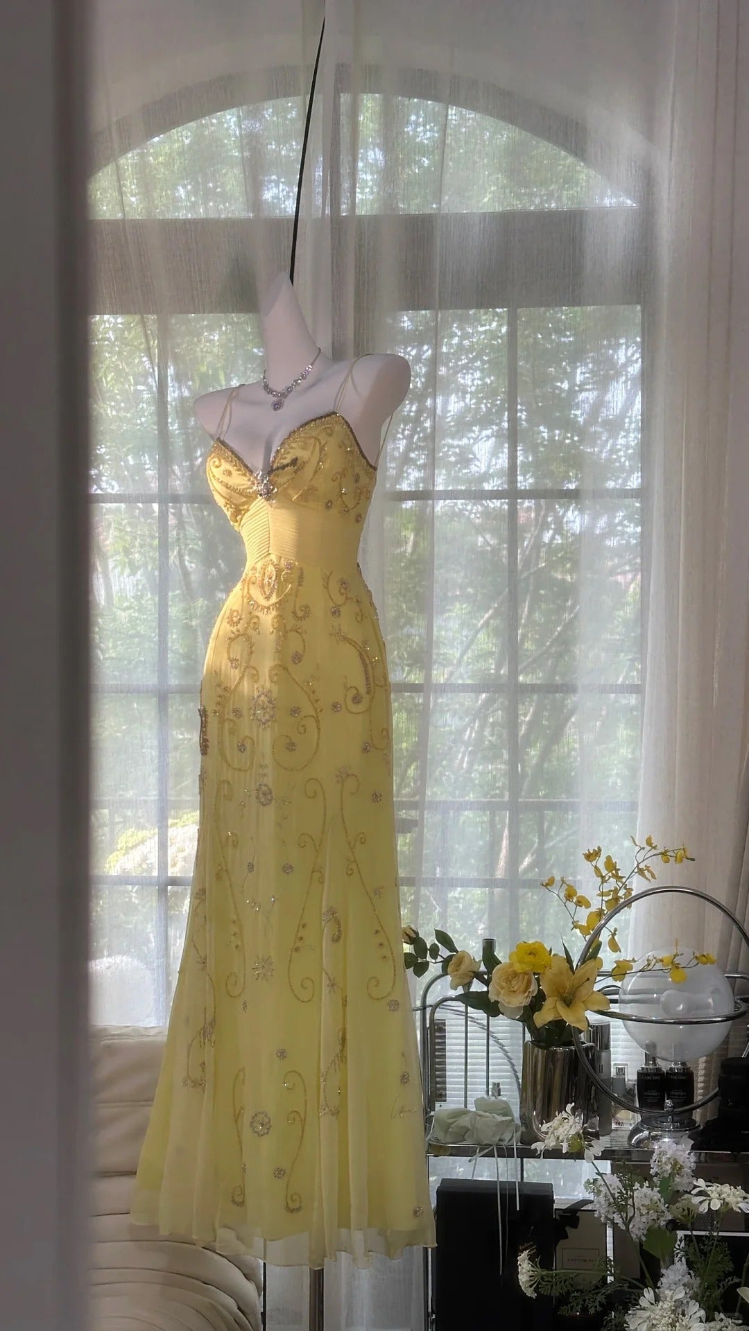 Flowy Yellow Spaghetti Strap Chiffon Beaded Mermaid Evening Gown Prom Dress P3272